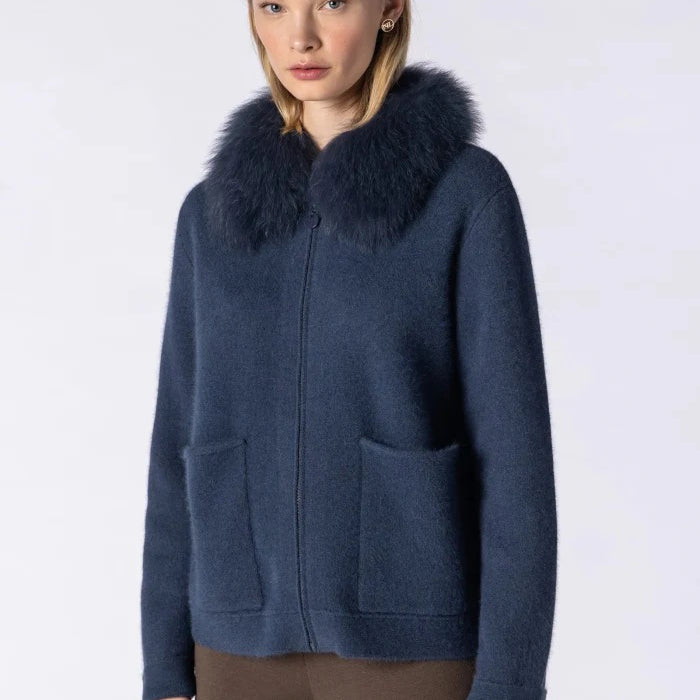 Fox fur collar knit jacket