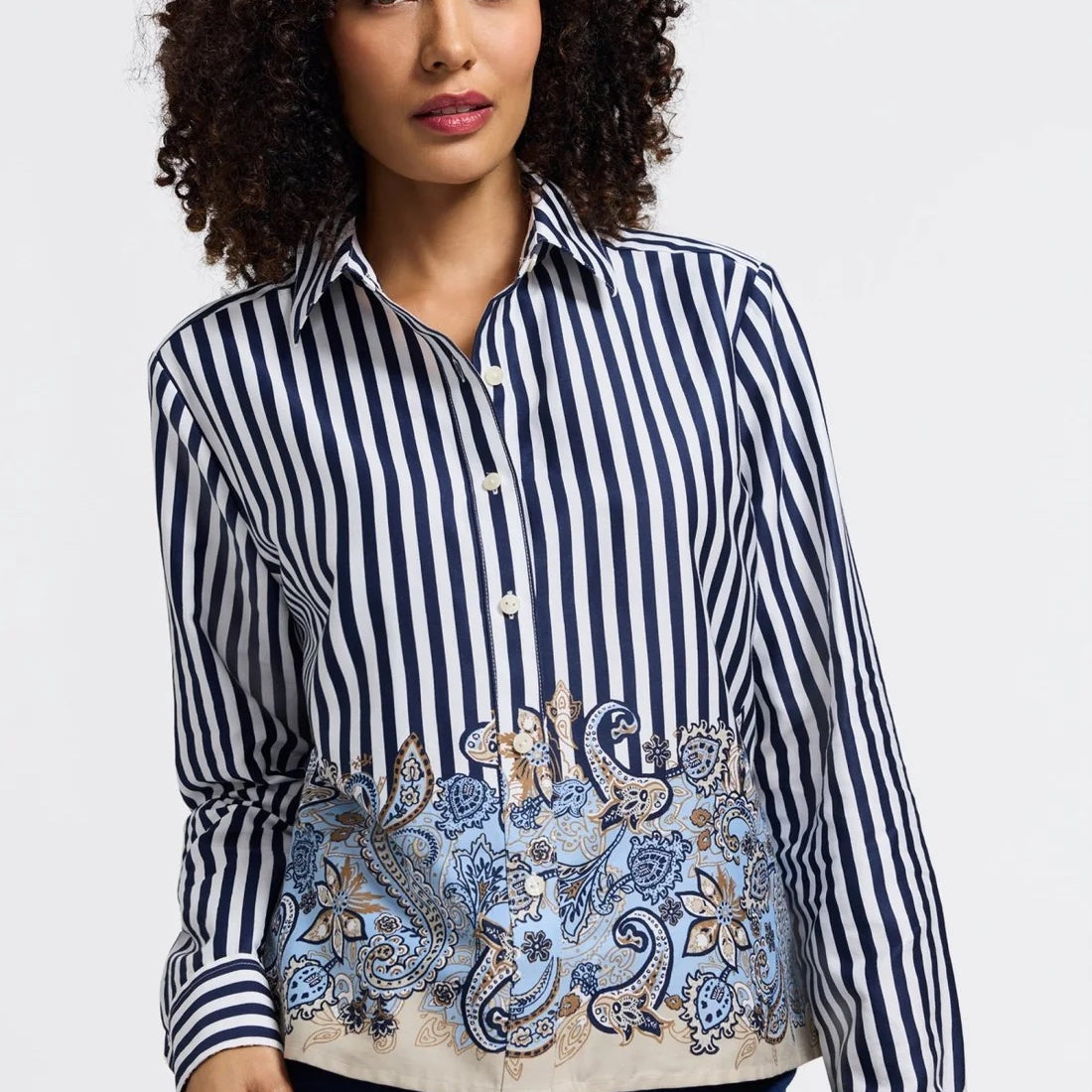 Foxcroft Jodie Stripe Paisley Long Sleeve Short Shirt