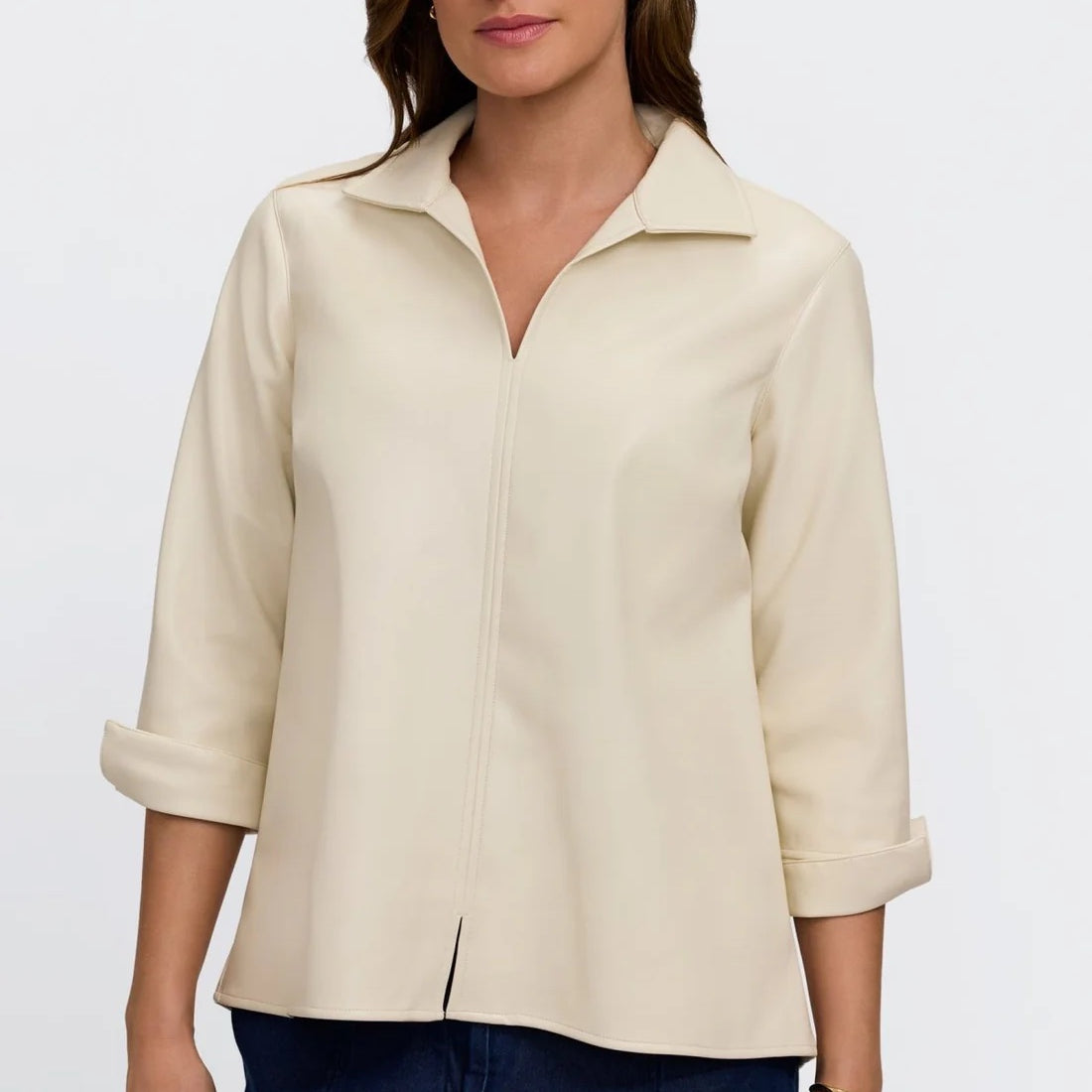 Foxcroft Agnes Vegan Leather Long Sleeve Popover Shirt