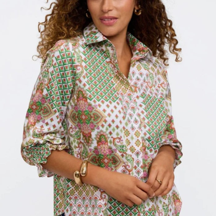 Foxcroft Olivia Patchwork Medallion 3/4 Sleeve Shirt