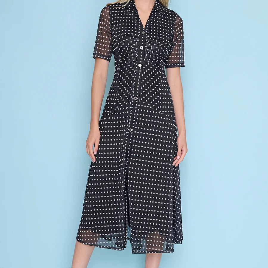 Picadilly Polka-Dot Short-Sleeves Button-Down Long Dress