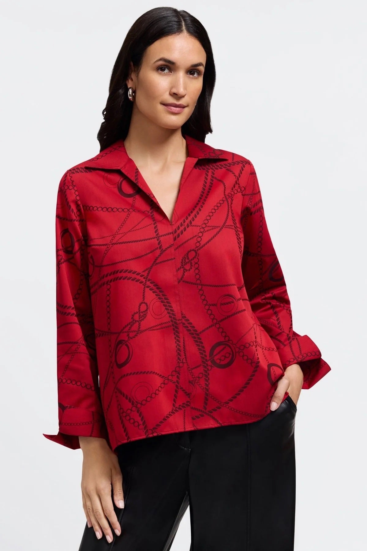 Foxcroft Agnes Chain Stripe Long Sleeve Popover Shirt