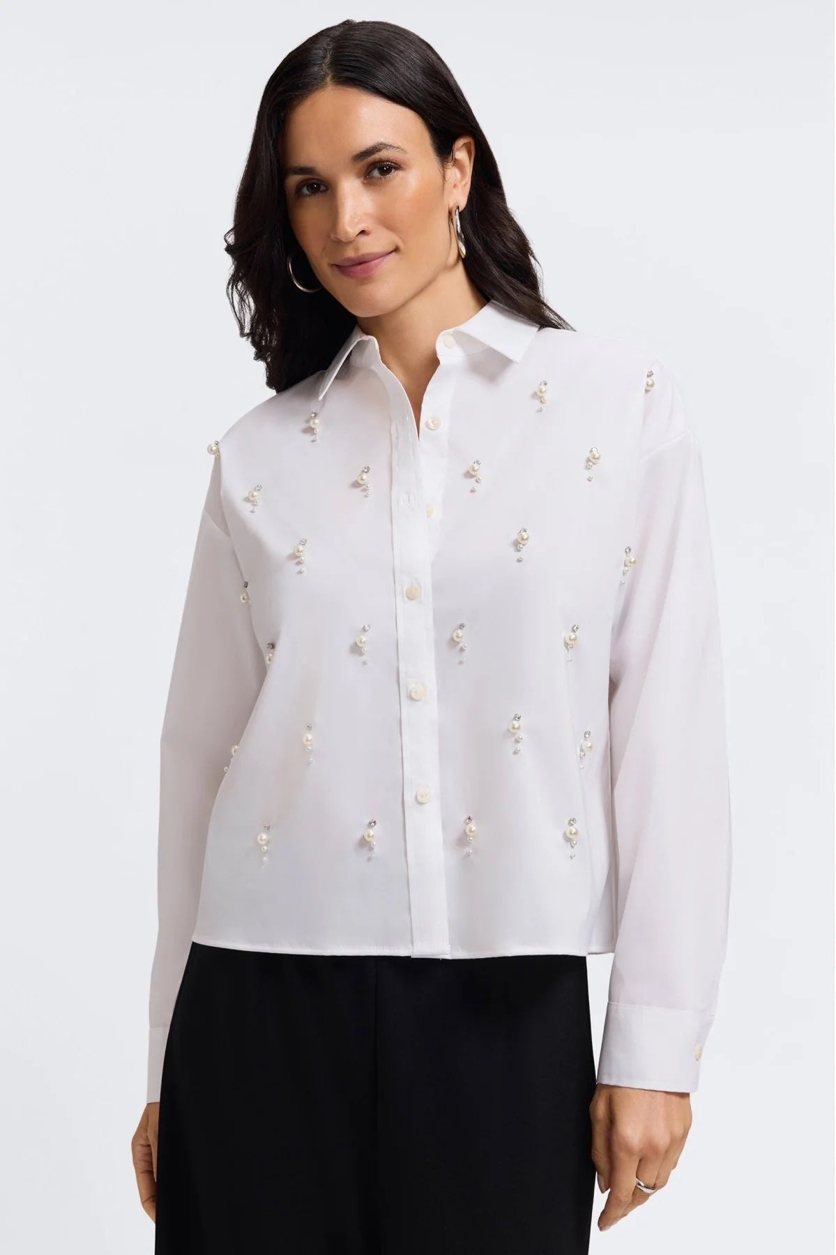 Foxcroft Marina Pearl & Rhinestone Long Sleeve Short Shirt