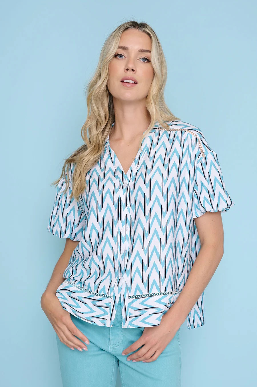 Picadilly Button-Front Puff Sleeve Top